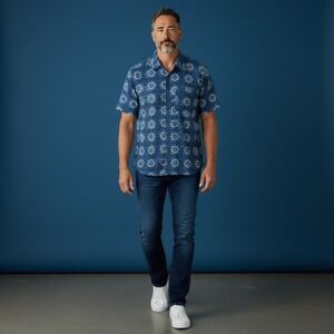 ANOKHI‎ Mens Short Sleeve Button Up Shirt Blue Geometric Print Size S